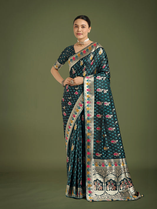 Teal With Gold Bordar Banarasi Zari Woven Satin Saree