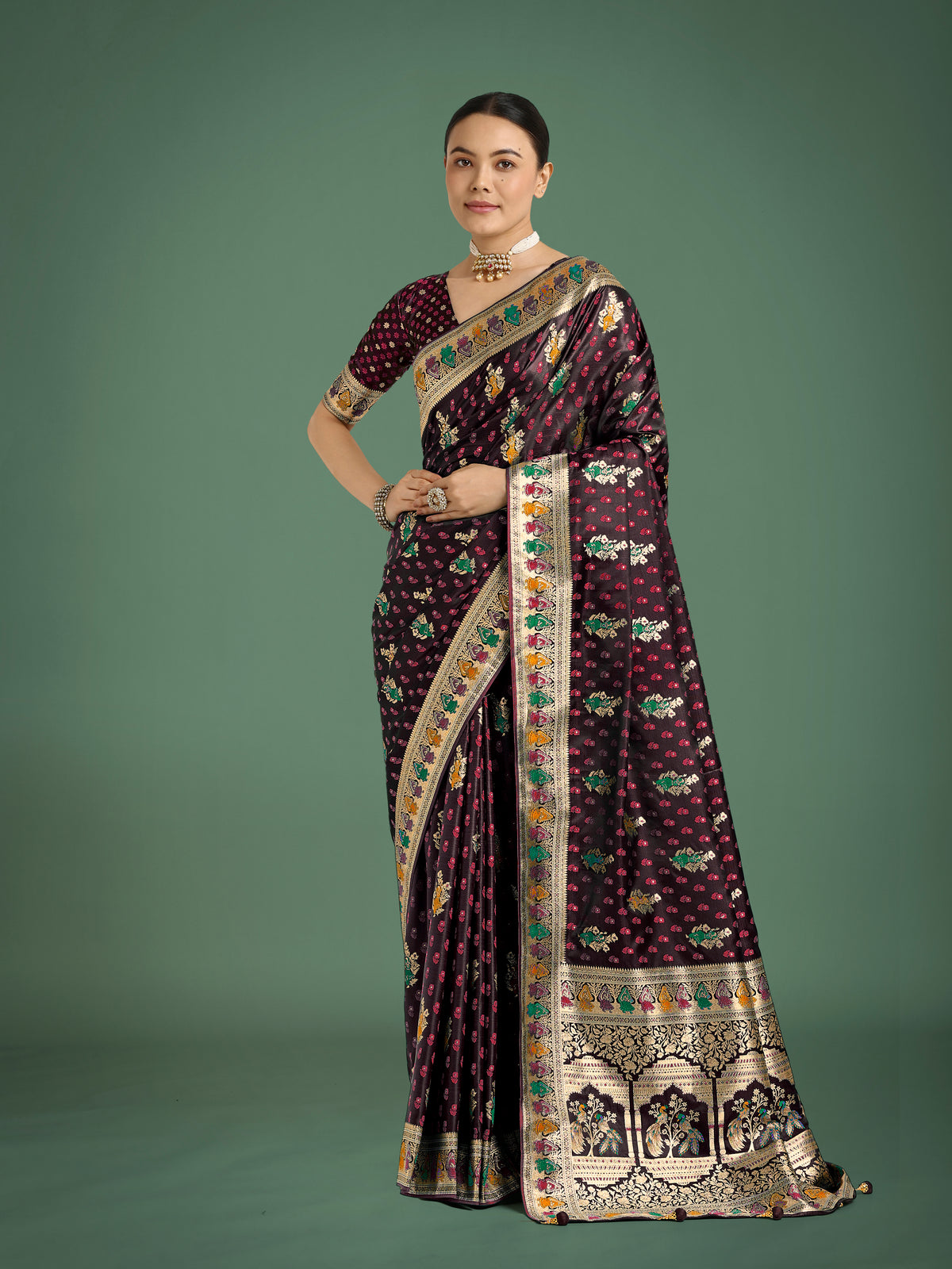 Maroon With Gold Bordar Banarasi Zari Woven Satin Saree