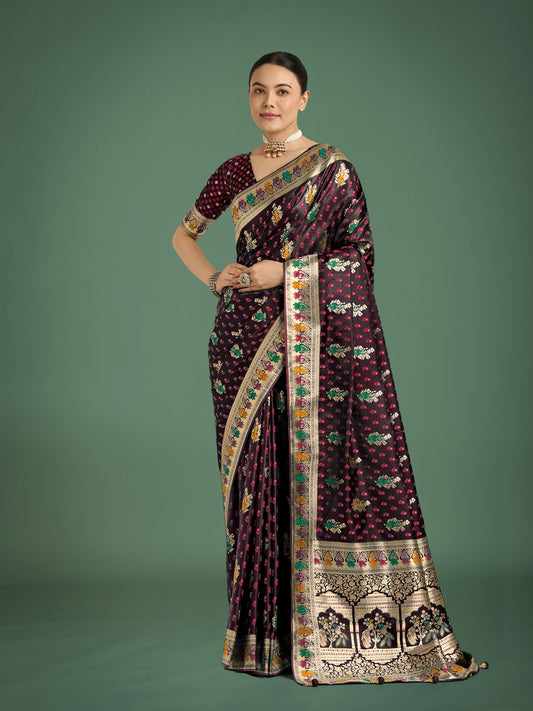 Maroon With Gold Bordar Banarasi Zari Woven Satin Saree