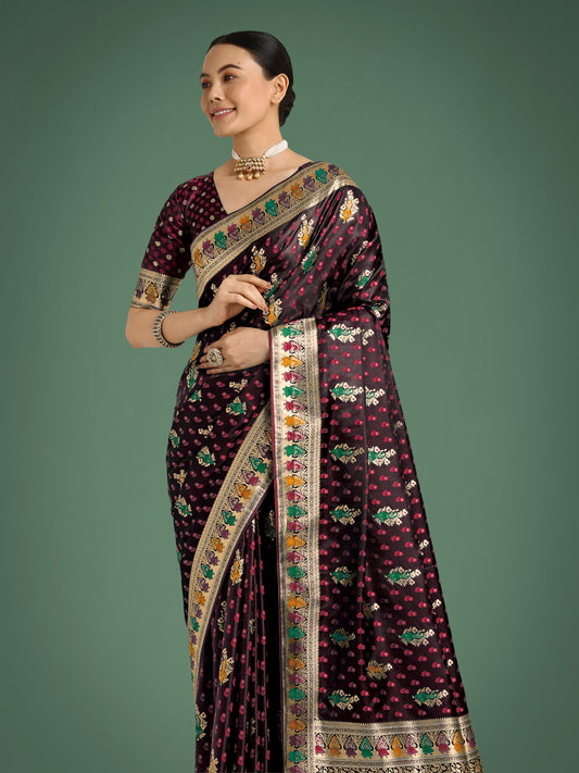 Maroon With Gold Bordar Banarasi Zari Woven Satin Saree