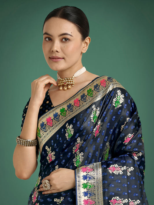 Dark Blue With Gold Bordar Banarasi Zari Woven Satin Saree