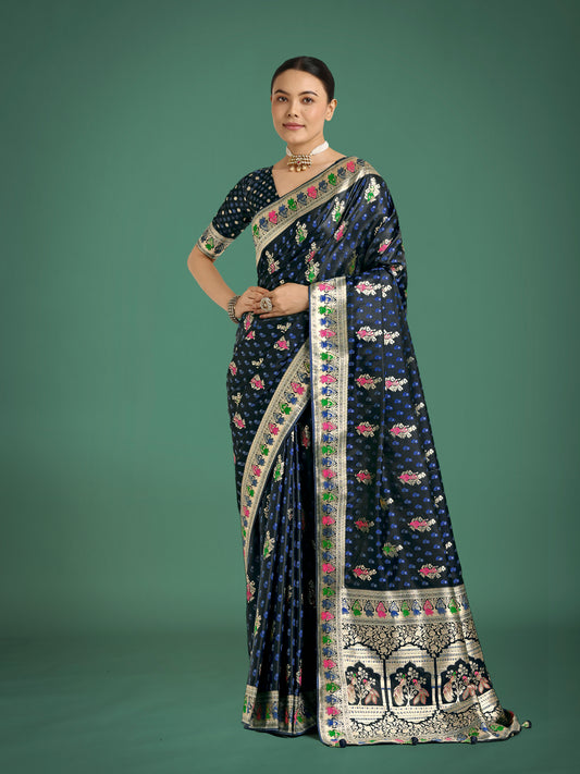 Dark Blue With Gold Bordar Banarasi Zari Woven Satin Saree