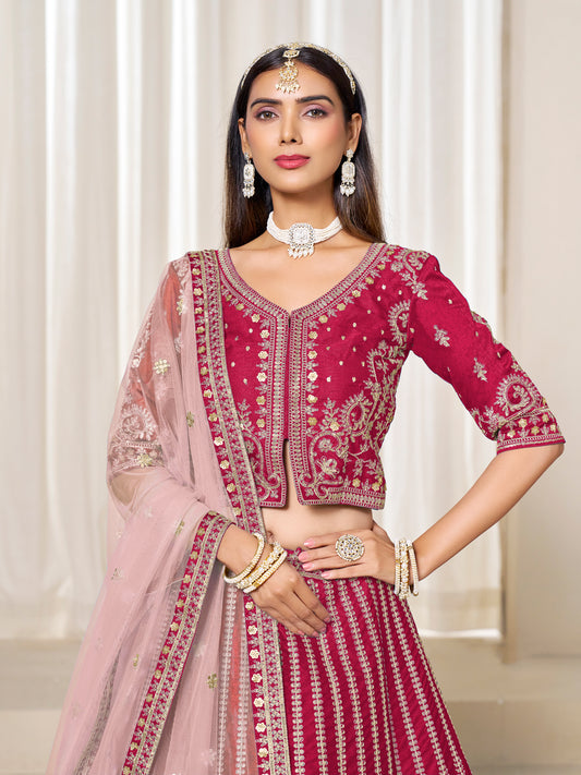 Embroidered Rani Pink Art Silk Designer Long Lehenga Choli