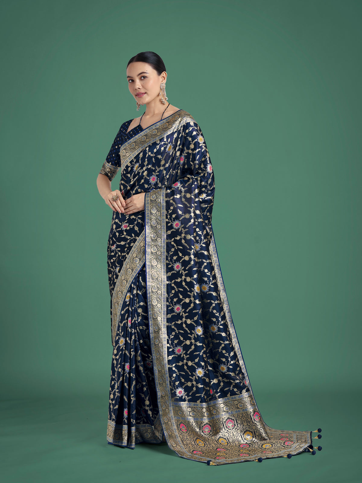 Dark Blue Zari Woven Banarasi Classic Satin Silk Saree