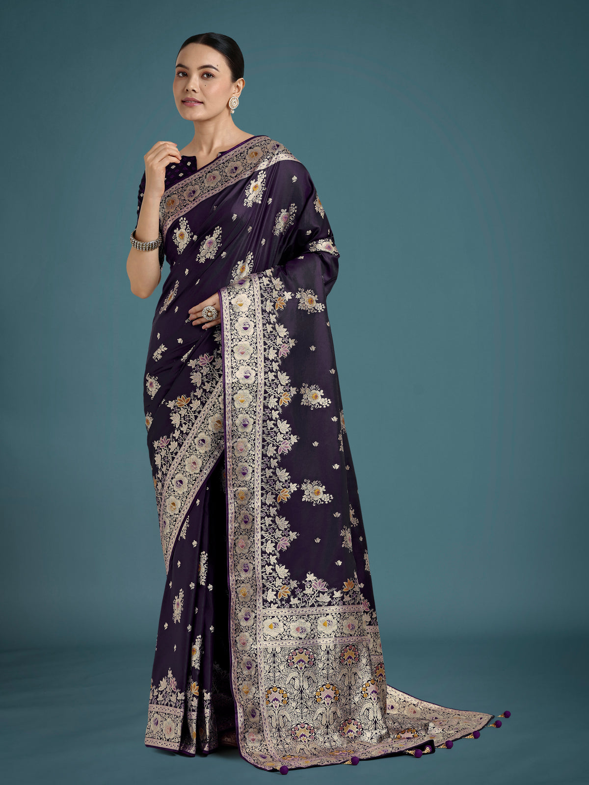 Dark Purple Glamour and Tradition With This Zari Woven Banarasi Satin Silk Saree