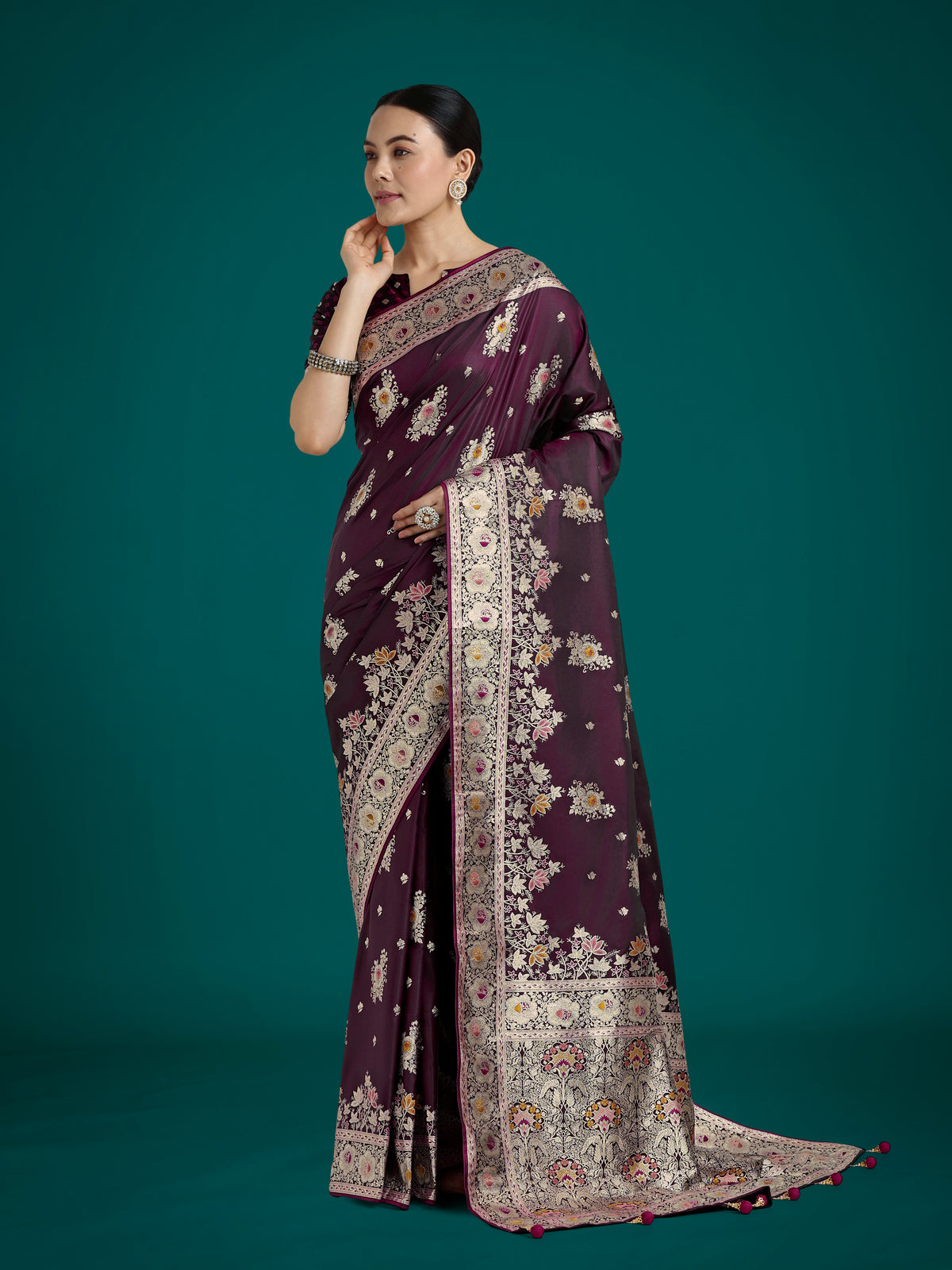 Dark Wine Glamour and Tradition With This Zari Woven Banarasi Satin Silk Saree