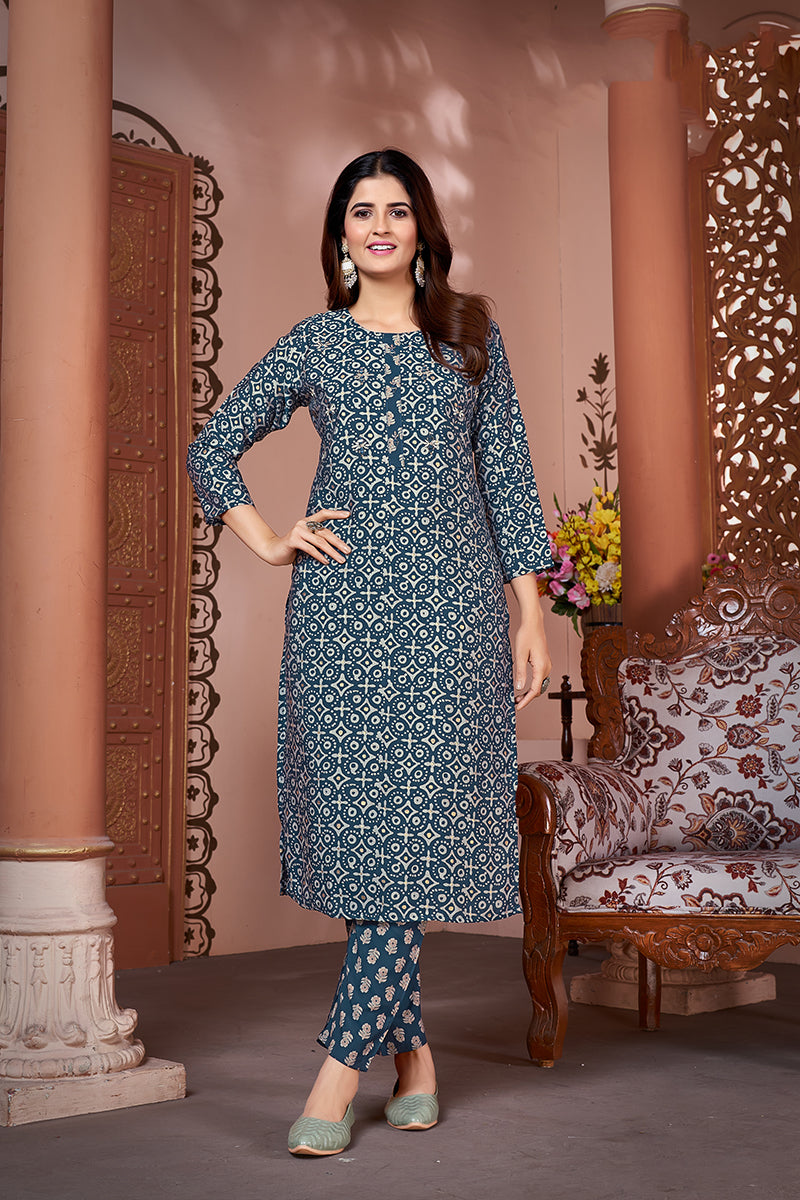 Silk Embroidered Teal Designer Offical Wear Kurti With Bottom