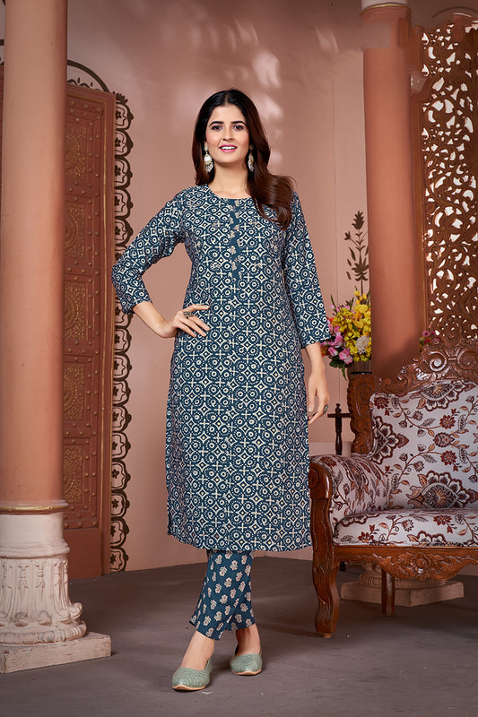 Silk Embroidered Teal Designer Offical Wear Kurti With Bottom
