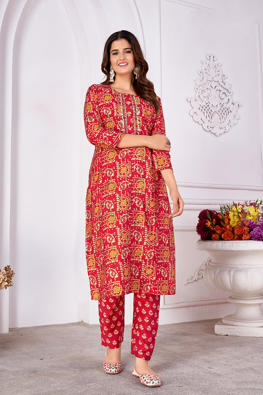 Silk Embroidered Red Designer Offical Wear Kurti With Bottom