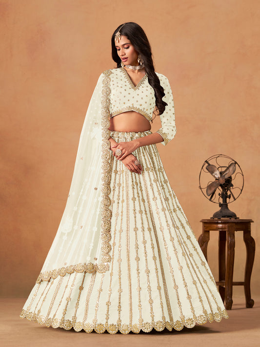Off White Embroidered Art Silk Designer Long Lehenga Choli