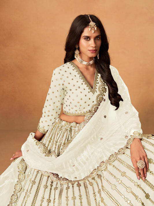 Off White Embroidered Art Silk Designer Long Lehenga Choli