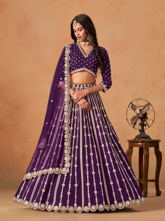 Purple Embroidered Art Silk Designer Long Lehenga Choli