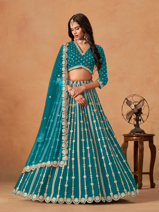 Teal Embroidered Art Silk Designer Long Lehenga Choli