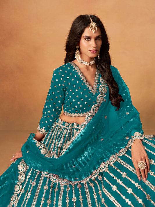 Teal Embroidered Art Silk Designer Long Lehenga Choli