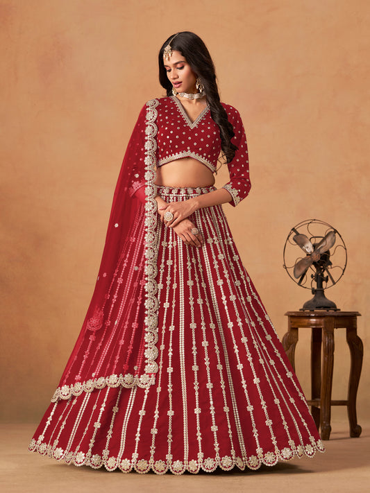 Red Embroidered Art Silk Designer Long Lehenga Choli