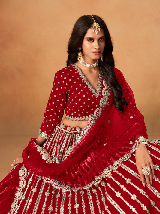 Red Embroidered Art Silk Designer Long Lehenga Choli
