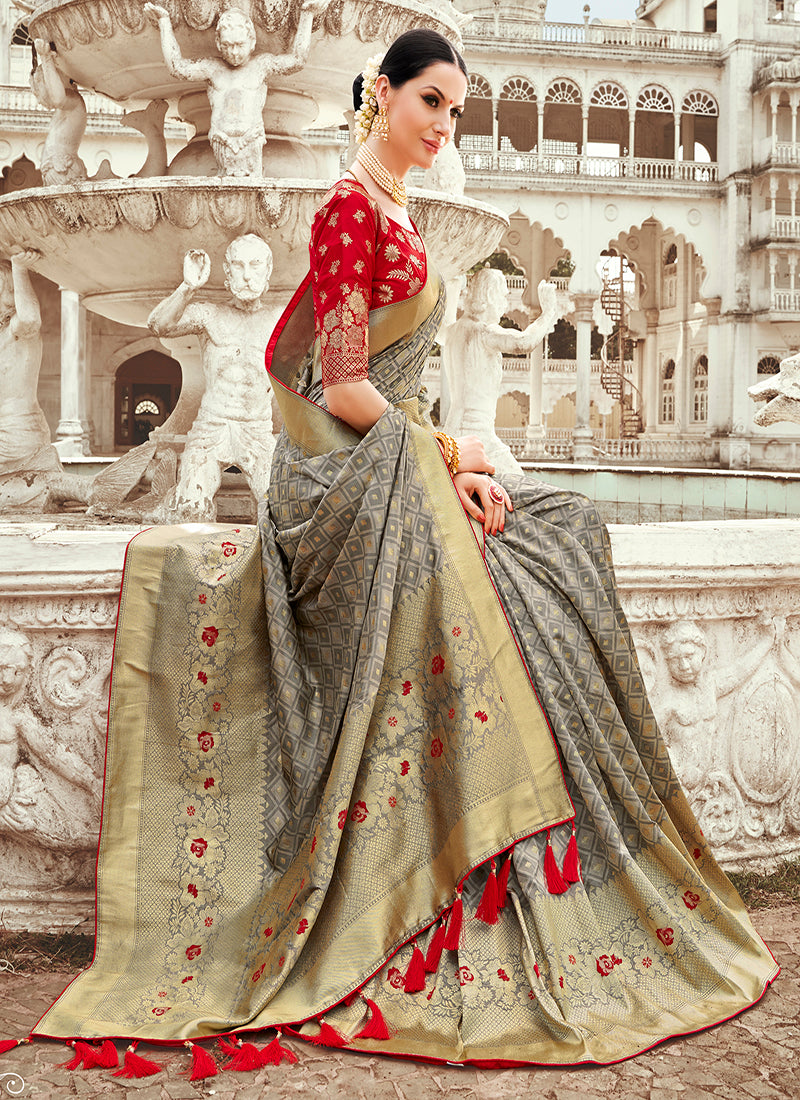 Grey Banarasi Silk Zari Woven Wedding Look Saree