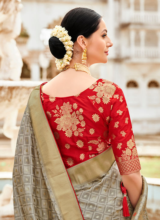 Grey Banarasi Silk Zari Woven Wedding Look Saree