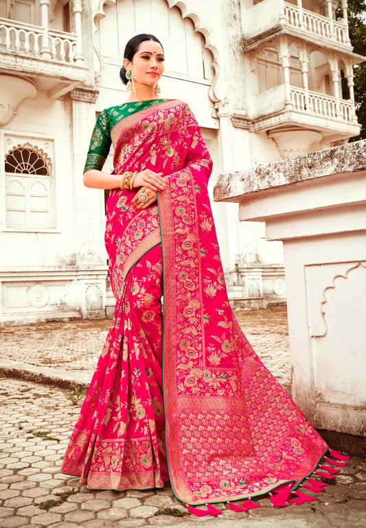 Magenta Woven  Banarasi Silk Blend Wedding Saree