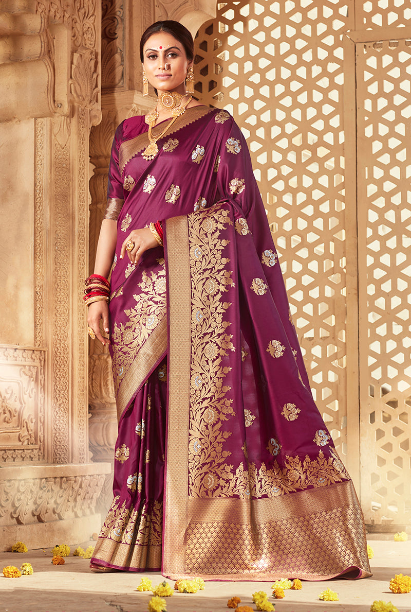 Wine Banarasi Silk Woven Work Functional Saree