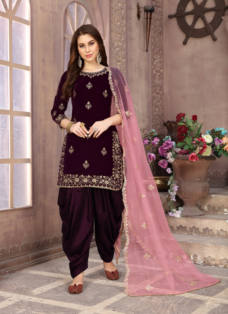 Wine Velvet Embroidery Stunning Patiala Suit
