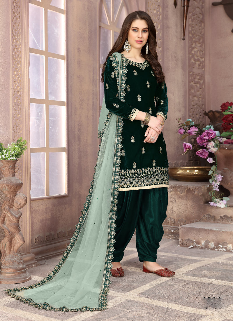 Dark Green Velvet Embroidery Stunning Patiala Suit
