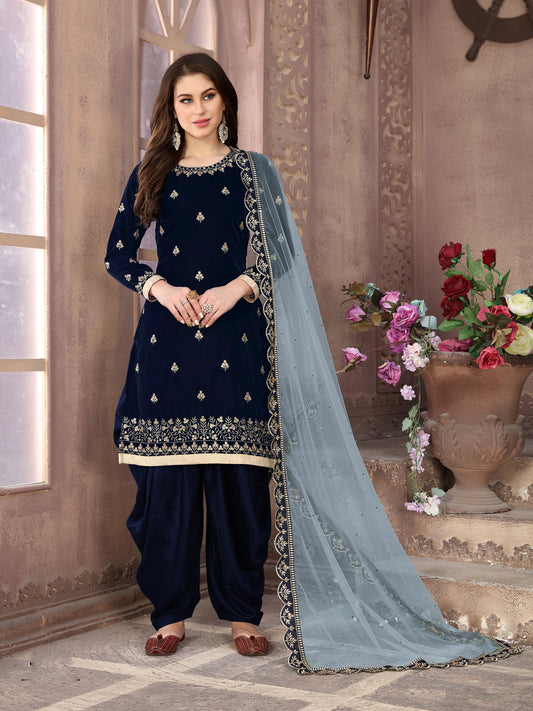 Navy blue Velvet Embroidery Stunning Patiala Suit