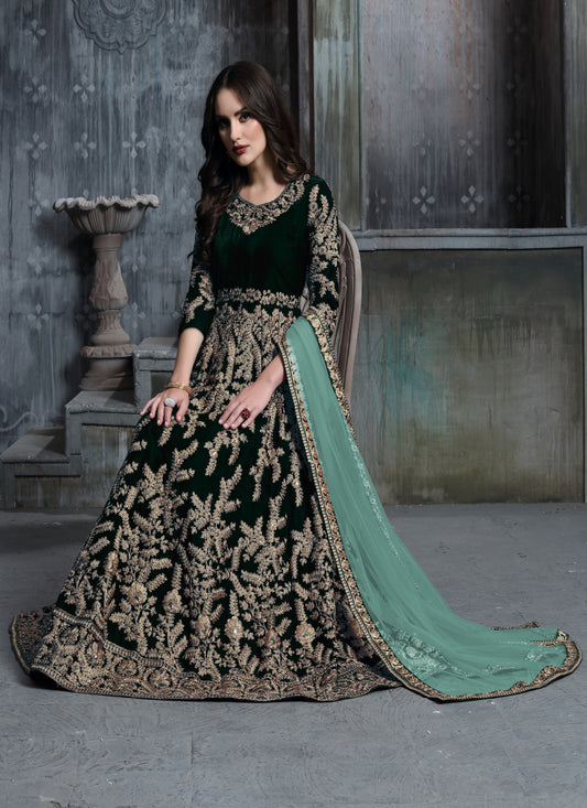 Dark Green Velvet Heavy Work Floor Length Anarkali Suit