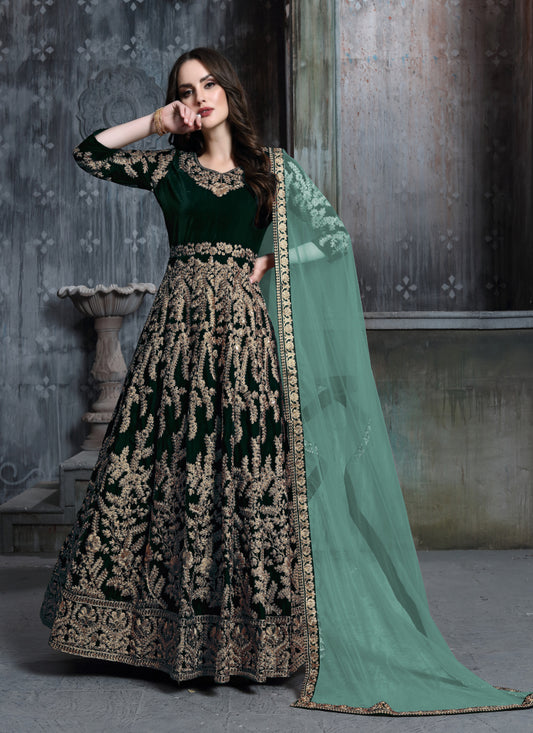 Dark Green Velvet Heavy Work Floor Length Anarkali Suit