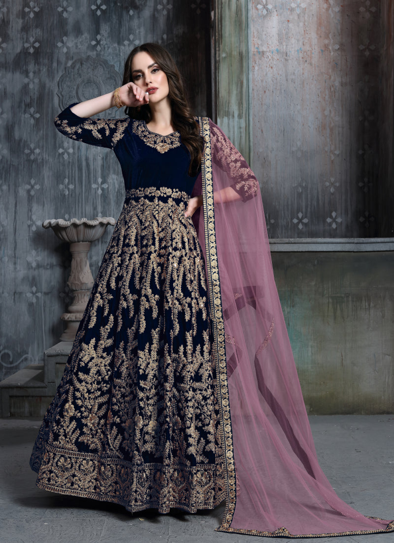 Dark Blue Velvet Heavy Work Floor Length Anarkali Suit