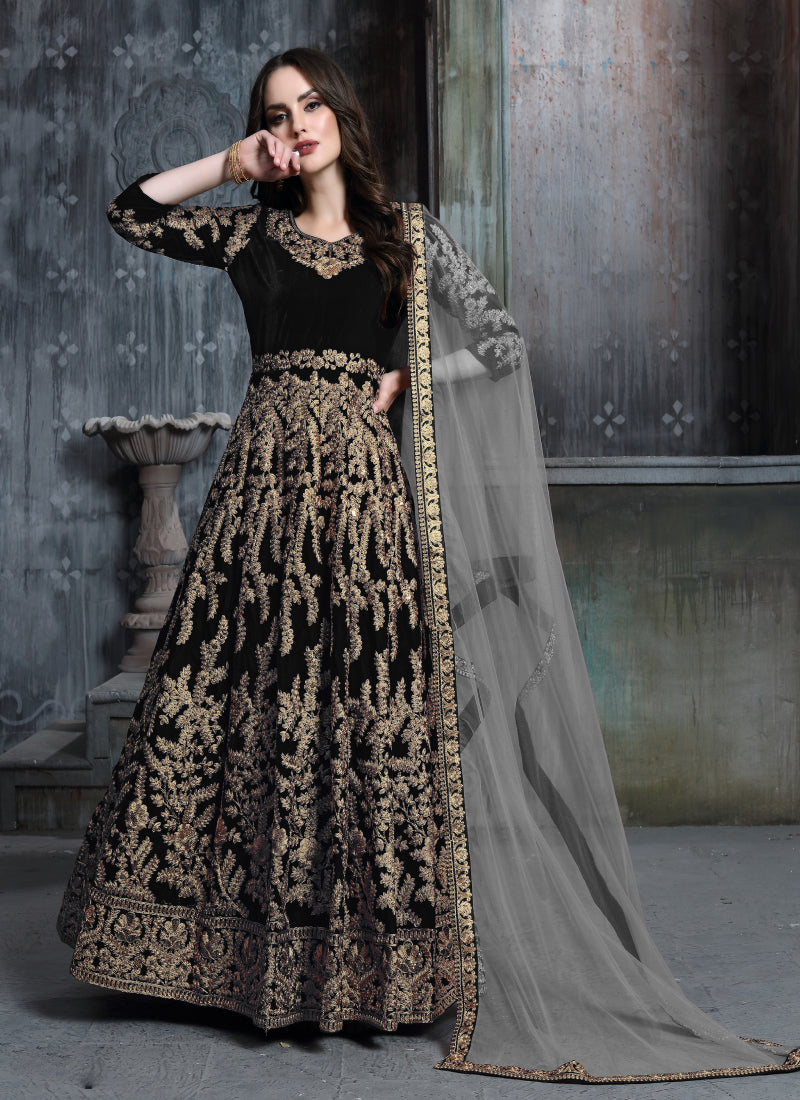 Black Velvet Heavy Work Floor Length Anarkali Suit