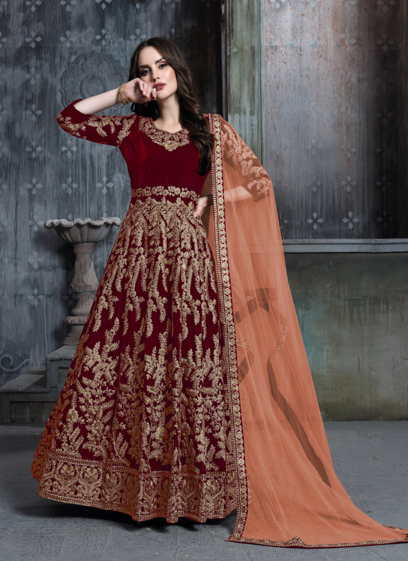 Red Velvet Heavy Work Floor Length Anarkali Suit