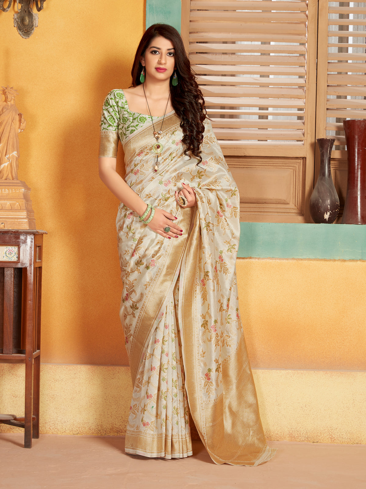 White Banarasi Silk Blend Woven Work Stunning Saree