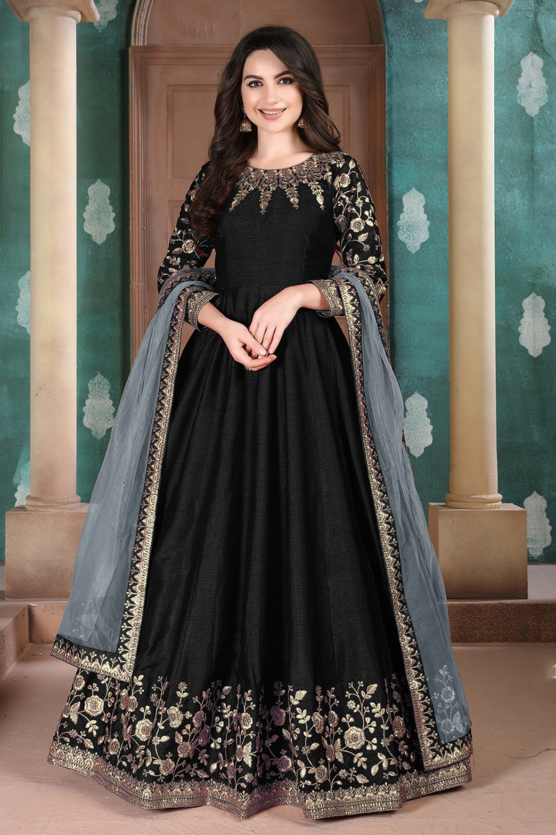 Black Adda Silk Embroidered Festive Anarkali Suit