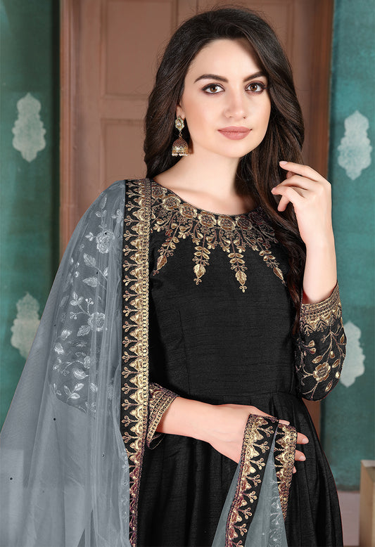 Black Adda Silk Embroidered Festive Anarkali Suit