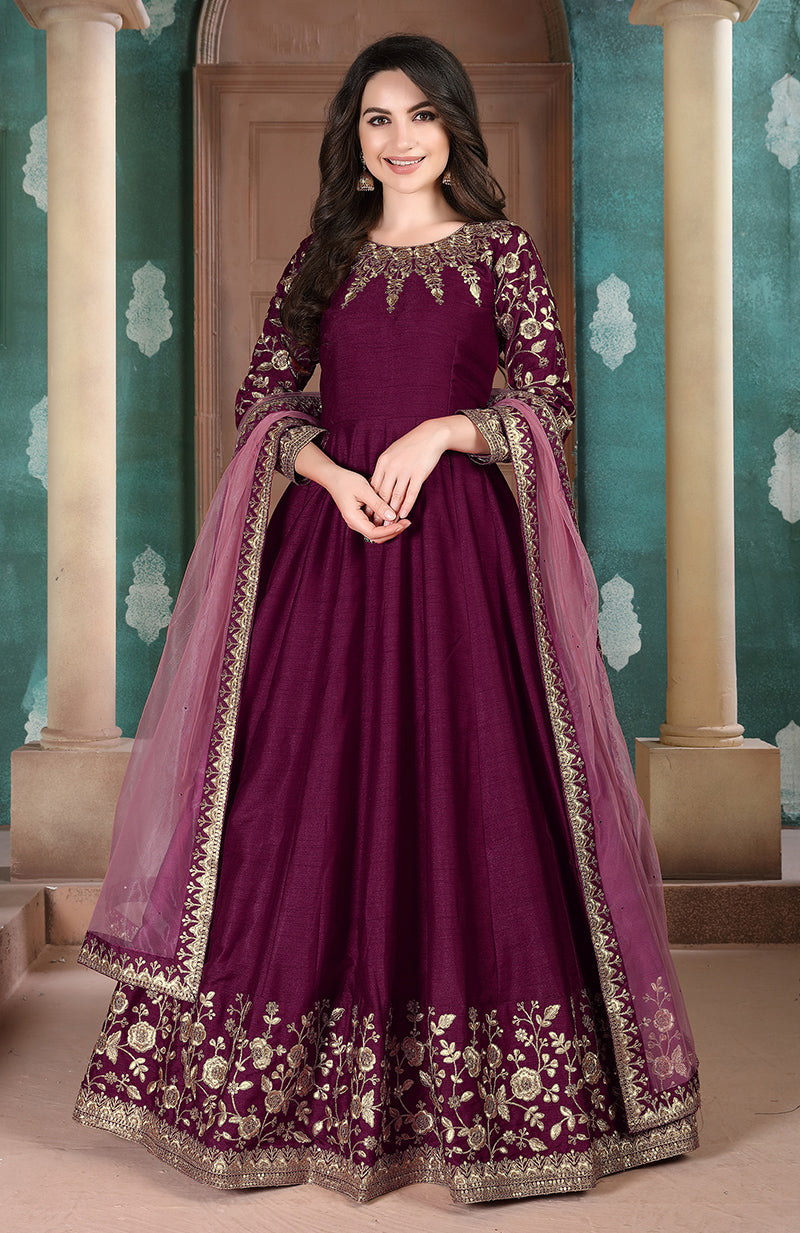 Magenta Adda Silk Embroidered Festive Anarkali Suit