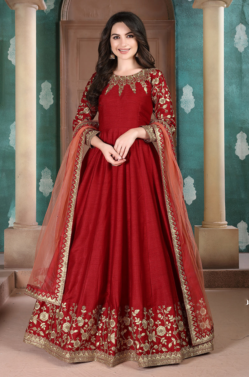 Red Adda Silk Embroidered Festive Anarkali Suit