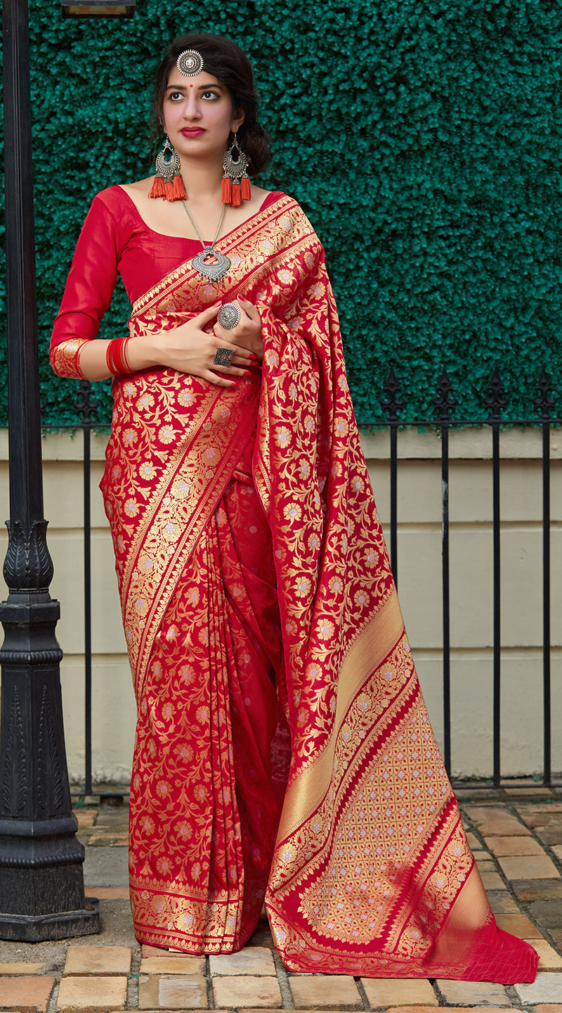 Red Banarasi Silk Zari Pattern Festival Wear Saree