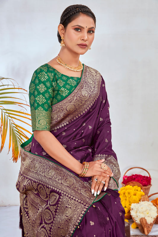 Purple Banarasi Silk Woven Work Beautiful Saree