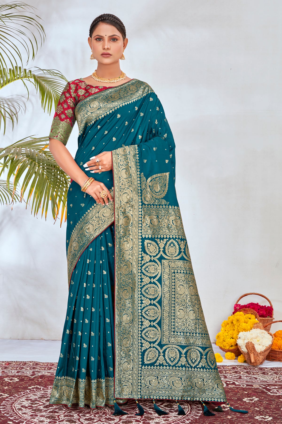 Teal Banarasi Silk Woven Designer Saree