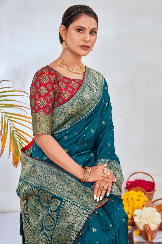 Teal Banarasi Silk Woven Designer Saree