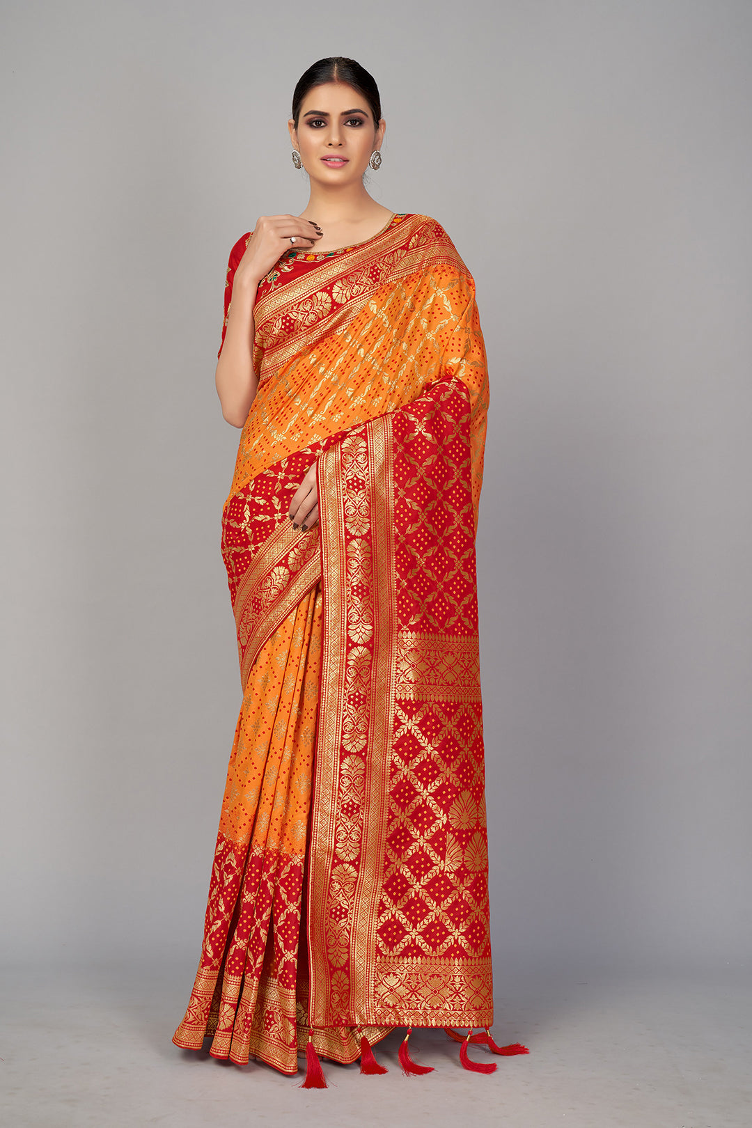 Orange and Red Silk Blend Woven Zari Saree