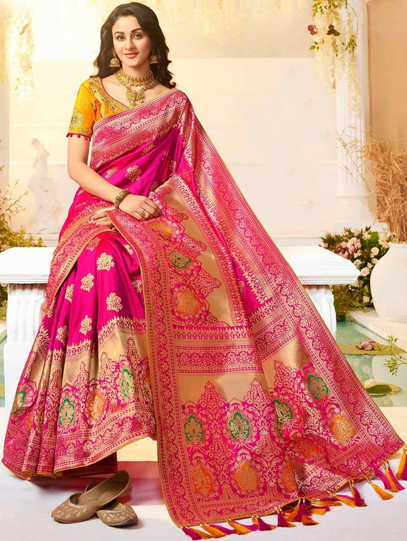 Rani Pink Banarasi Silk Zari Woven Elegant Saree