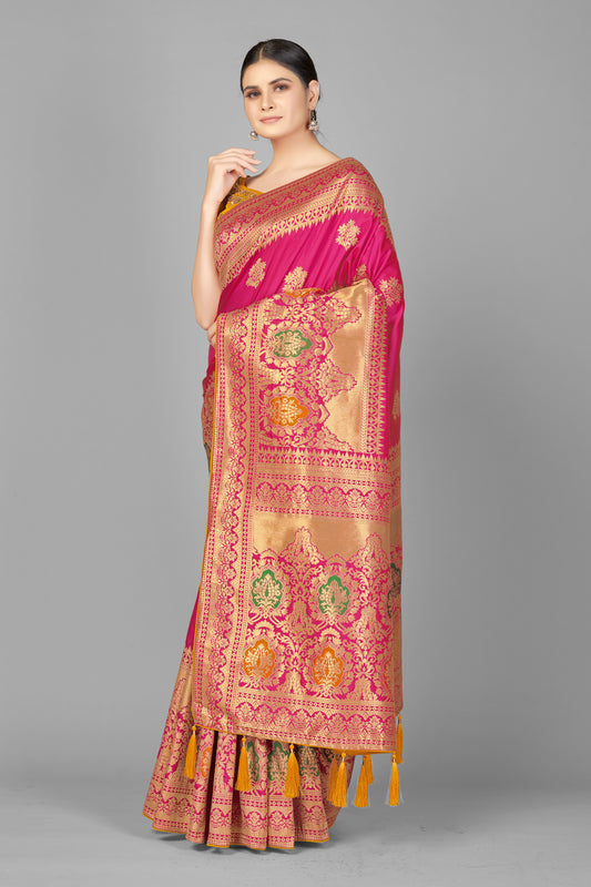 Rani Pink Banarasi Silk Zari Woven Elegant Saree