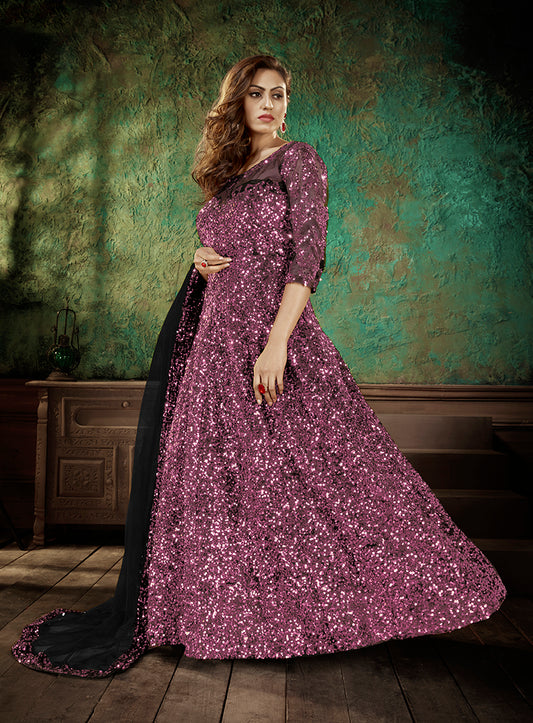 Lavender Velvet  Sequence Floor Length Anarkali Suit