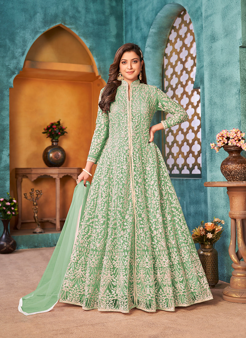 Sea Green Net Embroidered Designer Floor Length Suit