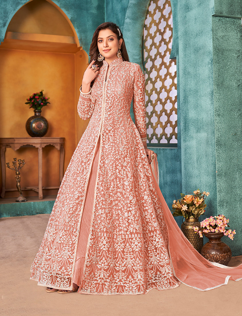 Peach Net Embroidered Designer Floor Length Suit