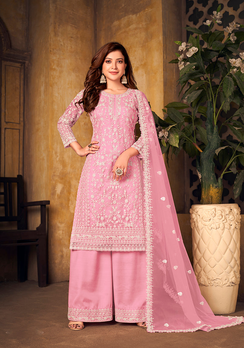 Light Pink Net Embroidered Designer Palazzo Suit
