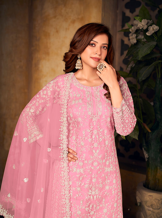 Light Pink Net Embroidered Designer Palazzo Suit