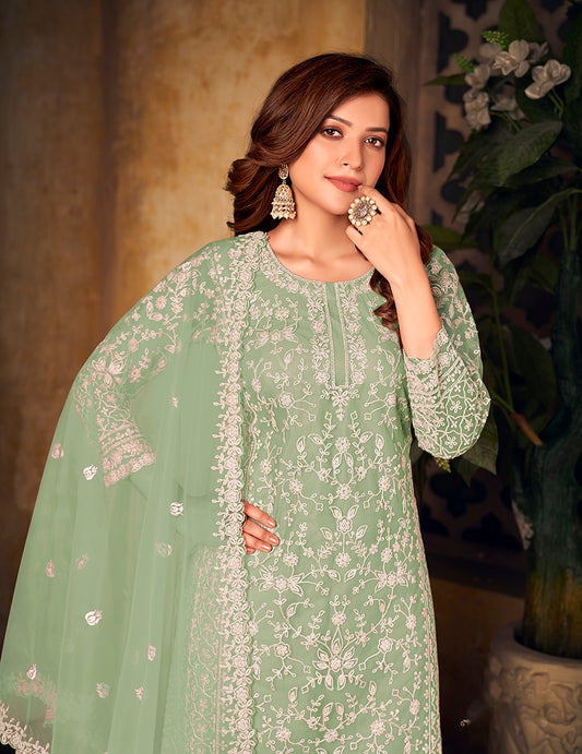 Sea Green Net Embroidered Designer Palazzo Suit